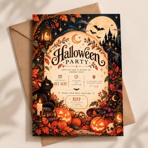 Könnte beinhalten: Eine Halloween-Party-Einladungskarte mit einer schwarzen Katze, Kürbissen, einem Hexenhut und einem Spukschloss unter einem Vollmond. Der Text lautet Halloween Party, Join us for a night of spooky fun, Oct 26th, 6:00 PM to 10:00 PM, 123 Spooky Lane, Pumpkin Town, und RSVP by Oct 20th to Emma 123 456 789.