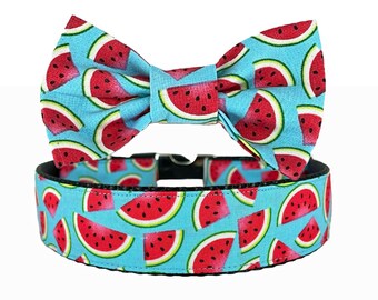 Watermelon Blue Dog Collar and Bow Tie | Collar & Bowtie Set | Summer Picnic Dog Collar