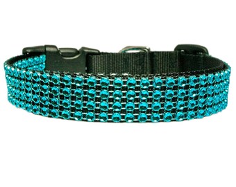 Turquoise Rhinestone 5/8" - 1.5" Black Dog Collar