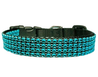Turquoise Rhinestone 5/8" - 1.5" Black Dog Collar