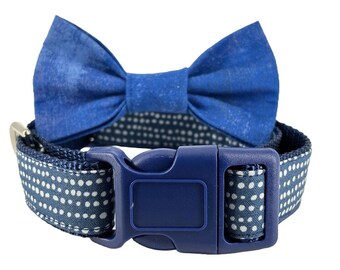 Navy and White Polka Dot Dog Collar and Bow Tie