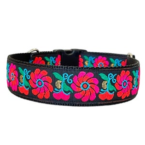Neon Floral 1.5&quot; Martingale Dog Collar or Buckle Collar | Jacquard-Woven Collar