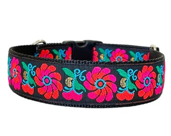 Neon Floral 1.5" -2" Martingale Dog Collar or Buckle Collar | Jacquard-Woven Collar