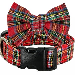 Scottish "Le Pépin" Red Tartan Plaid Dog Collar and Bow Tie