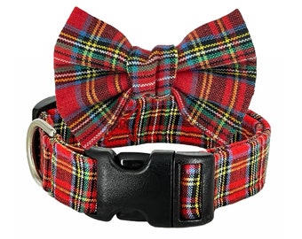 Scottish "Le Pépin" Red Tartan Plaid Dog Collar and Bow Tie