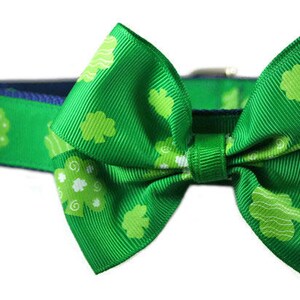 May include: Green dog collar with a shamrock pattern and a matching green bow tie. The collar is blue on the inside and has a buckle closure.