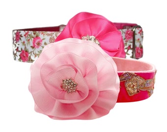 THE NICIA FLOWER -  Fuchsia & Pink Couture Hand-Formed Flower Rhinestone Bud Dog Collar Accessory