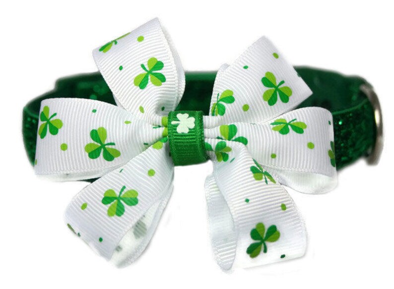 May include: A green glitter dog collar with a white bow featuring green shamrock print.