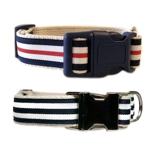 Navy Blue, Red & White Stripe Eco 1&quot; Cotton Dog Collar