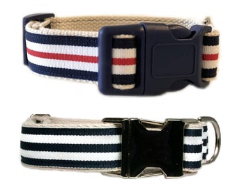 Navy Blue, Red & White Stripe Eco 1" Cotton Dog Collar