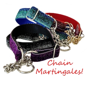 15+ Colors 3/4&quot; & 1&quot; GLITTER Chain MARTINGALE Dog Collar