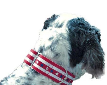 Patriotic Martingale 1.5" Dog Collar - Stars Red & White Stripes - Holiday 4th of July