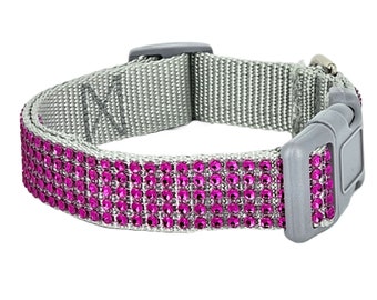 Fuchsia Rhinestone 3/4" - 1" Silver Gray Dog Collar