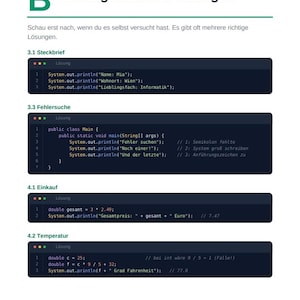 May include: A page from a Java programming textbook titled Java-Crashkurs Band 1, featuring solutions to exercises labeled 3.1, 3.3, 4.1, and 4.2. The content displays code snippets in dark-themed blocks with syntax highlighting and explanatory comments.