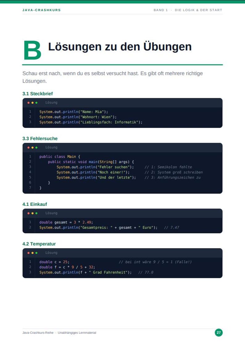 May include: A page from a Java programming textbook titled Java-Crashkurs Band 1, featuring solutions to exercises labeled 3.1, 3.3, 4.1, and 4.2. The content displays code snippets in dark-themed blocks with syntax highlighting and explanatory comments.