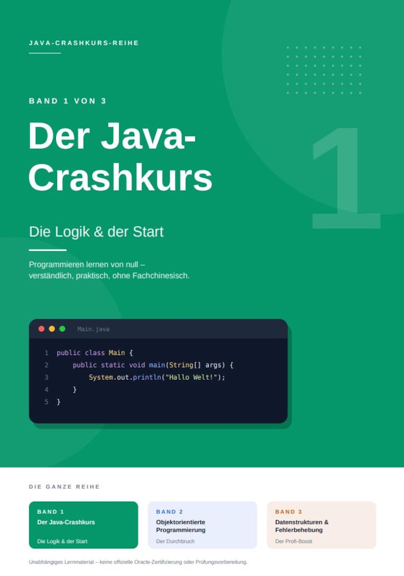 May include: A green book cover titled Java-Crashkurs-Reihe Band 1 von 3 Der Java-Crashkurs Die Logik & der Start. It features a code snippet for a Main.java file displaying public class Main and System.out.println("Hallo Welt!").