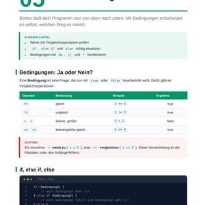May include: A page from a Java programming course titled 05 Entscheidungen treffen. It explains conditional logic with comparison operators, tables showing operators like == and !=, and a code snippet demonstrating if, else if, and else statements.