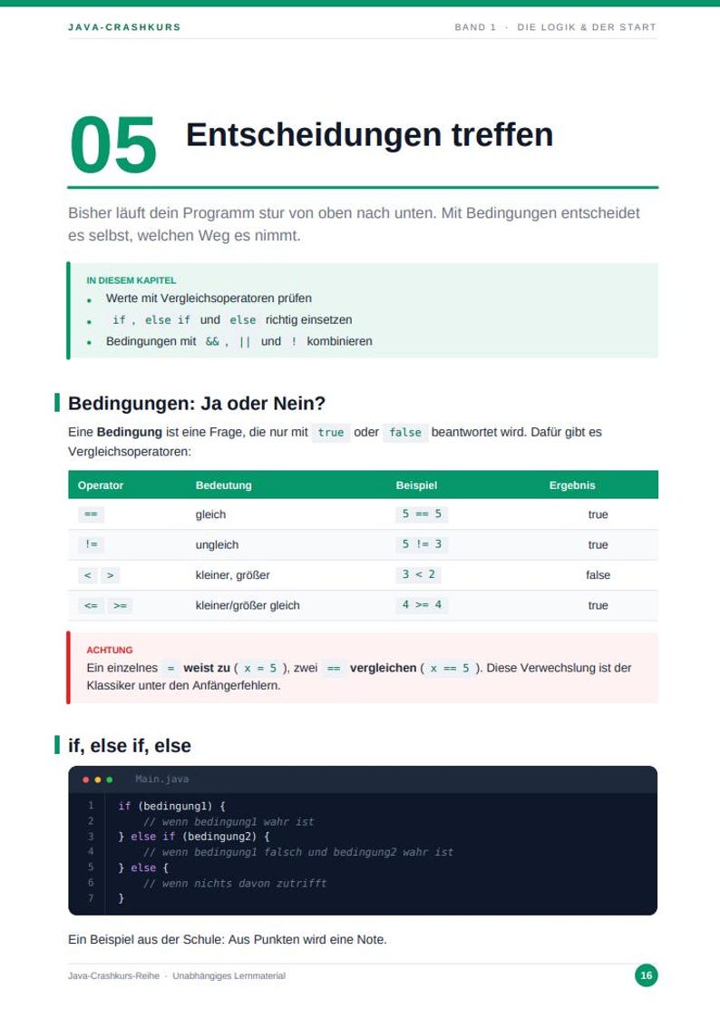 May include: A page from a Java programming course titled 05 Entscheidungen treffen. It explains conditional logic with comparison operators, tables showing operators like == and !=, and a code snippet demonstrating if, else if, and else statements.
