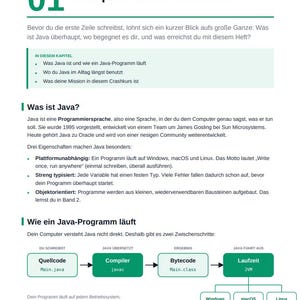 May include: A page from a Java crash course manual titled 01 Ein paar Worte zu Java. The document features green headers, bulleted lists, and a flow chart illustrating the process from source code to compiler, bytecode, and runtime execution.