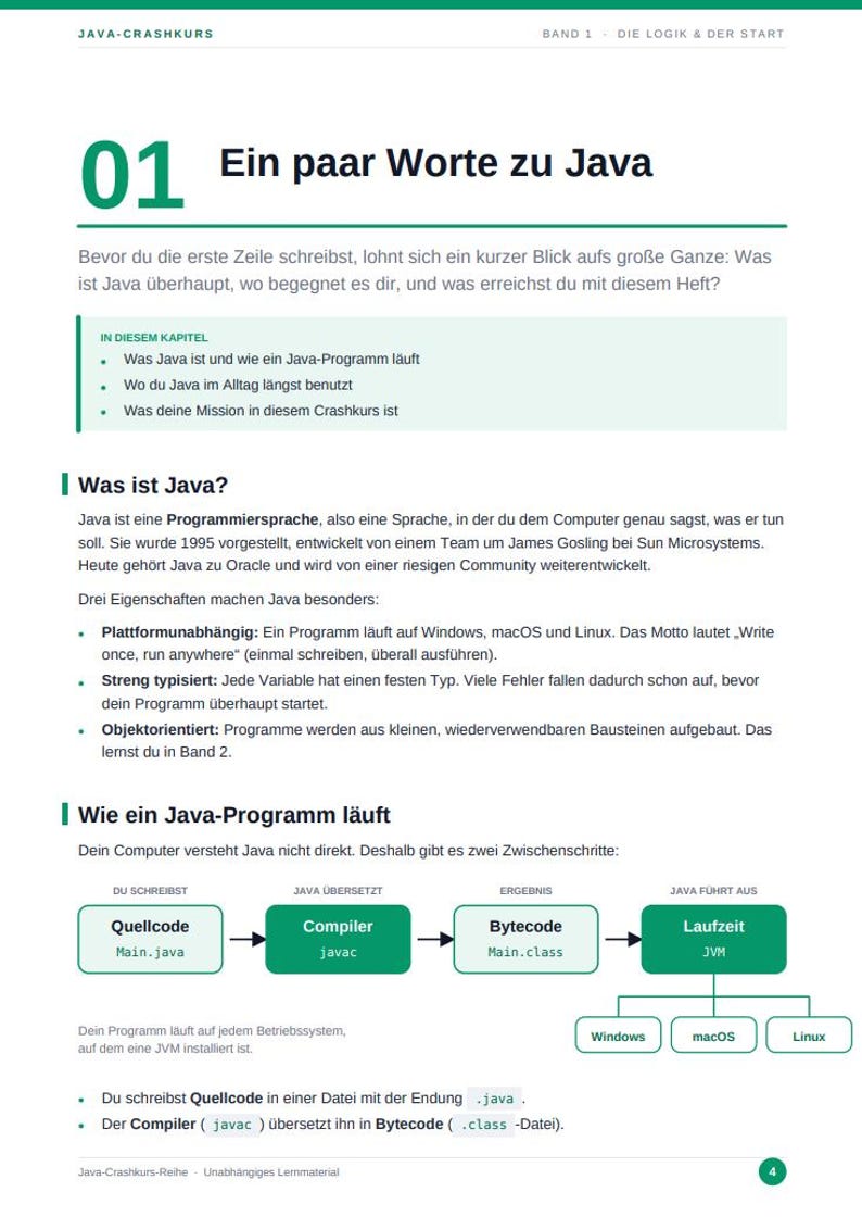 May include: A page from a Java crash course manual titled 01 Ein paar Worte zu Java. The document features green headers, bulleted lists, and a flow chart illustrating the process from source code to compiler, bytecode, and runtime execution.