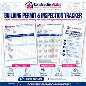 May include: A digital building permit and inspection tracker set featuring an editable tracker, a completed sample, and a quick start guide. The documents include blue and white tables for organizing project details, permit numbers, and inspection dates.