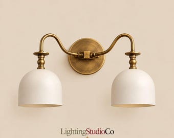 Double Brass Wall Sconce, Vintage Vanity Light with White Dome Shades, Antique Brass Bathroom Lighting