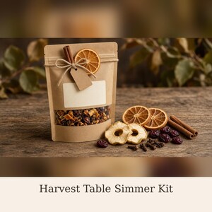 May include: A brown paper pouch labeled Harvest Table Simmer Kit containing dried fruit and spices, featuring a clear window, a tied cinnamon stick, a dried orange slice, and a blank tag. Nearby are dried orange slices, apple rings, cranberries, cloves, and cinnamon sticks.