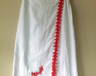 Bath Cover-up with Embroidery detail and Red ribbon, Spa wrap, Towel wrap