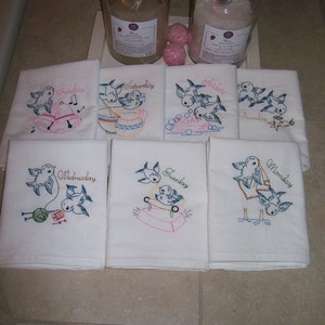 Blue Bird's Vintage Designs -Days of the Week.Embroidered Kitchen Towel Set / 7 Flour Sack Dish Towels / Vintage Style cotton towels