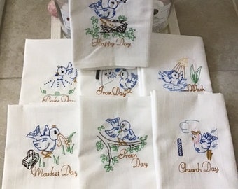 Blue Bird's Vintage Designs -Days of the Week. Embroidered Kitchen Towel Set / 7 Flour Sack Dish Towels / Vintage Style cotton towels