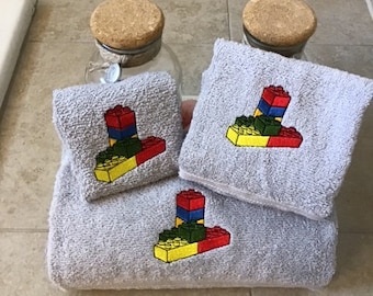 3-piece Bath towel, hand towel & Washcloth Set with Lego blocks