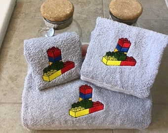 Personalized 3-Piece Towel Set with Lego Blocks - Bath, Hand, and Washcloth