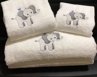 Elephant 3 Piece Embroidered Bath Towel Set - Personalized