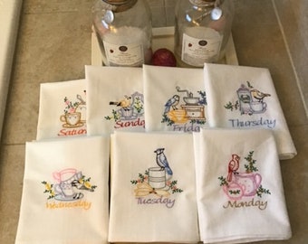 Tea Time Birds-Days of the Week.Embroidered Kitchen Towel Set / 7 Flour Sack Dish Towels / Vintage Style cotton towels