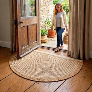 Handmade Half Moon Jute Rug – Natural Braided Semi Circle Area Rug for Entryway, Boho Farmhouse Home Decor
