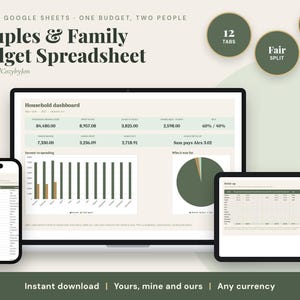 Puede incluir: Una hoja de cálculo de presupuesto digital para parejas y familias mostrada en una computadora portátil, tableta y teléfono inteligente. La interfaz presenta un panel con datos de ingresos, gastos y ahorros, incluyendo gráficos.
