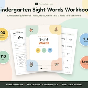 May include: A Kindergarten Sight Words Workbook featuring 100 Dolch sight words. The cover displays the title, an owl, a butterfly, and a rocket. Two interior pages show tracing exercises and word lists. Circular badges indicate 100 words, 110 pages, 4-6 ages, and US Letter + A4 size.