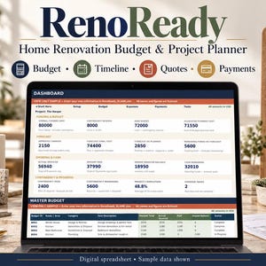 Può includere: Uno schermo di un portatile mostra la dashboard del RenoReady Home Renovation Budget & Project Planner. Il foglio di calcolo digitale presenta sezioni per finanziamenti, budget, previsioni, spese, pagamenti e una tabella di budget.