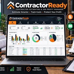 Könnte beinhalten: Ein Laptop-Bildschirm zeigt das ContractorReady-Dashboard mit Balkendiagrammen zur Auftragsrentabilität, einem Ringdiagramm für die Angebotspipeline und einem Kreisdiagramm für die Kostenaufschlüsselung.