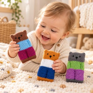 May include: Three small, rectangular, hand-knitted bear toys featuring color-blocked designs. One bear is brown, blue, and magenta; another is orange, white, and blue; and the third is gray, lime green, and purple. Each has a simple stitched face.