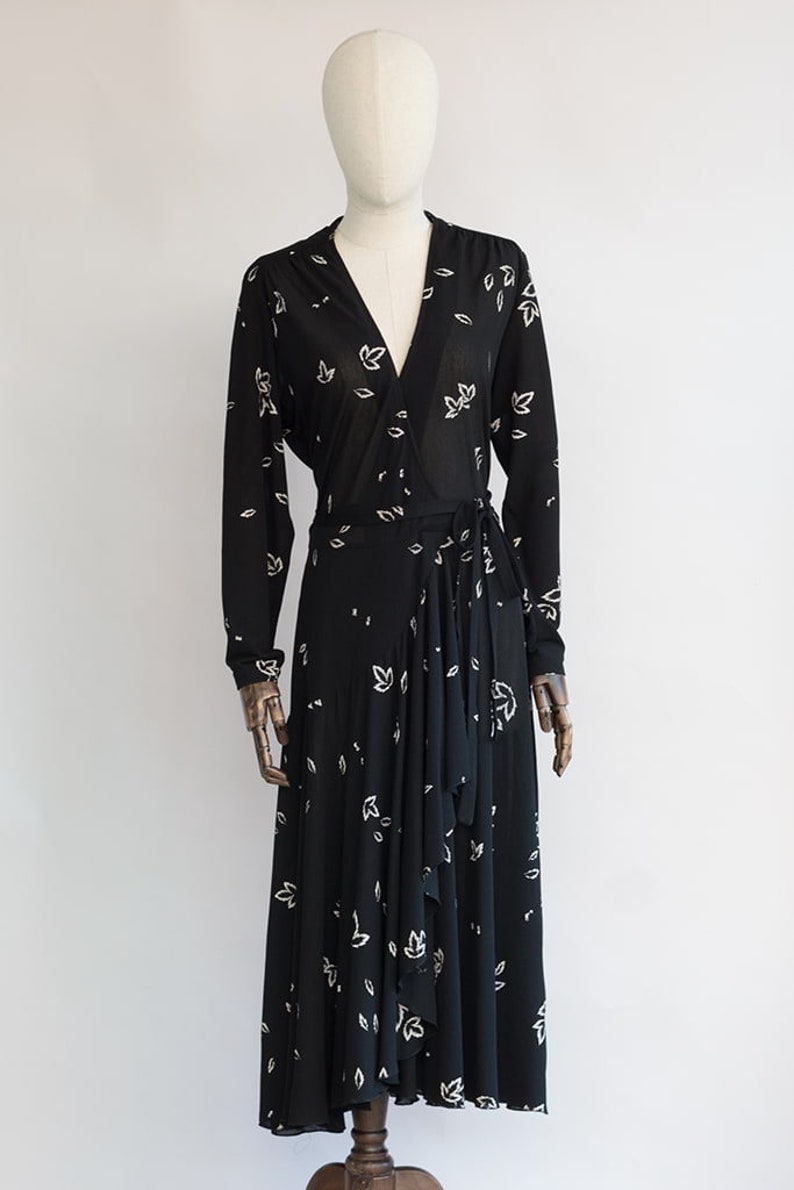 Vintage 80s Dress With Leaf Print Black Wrap Dress Arce Dress