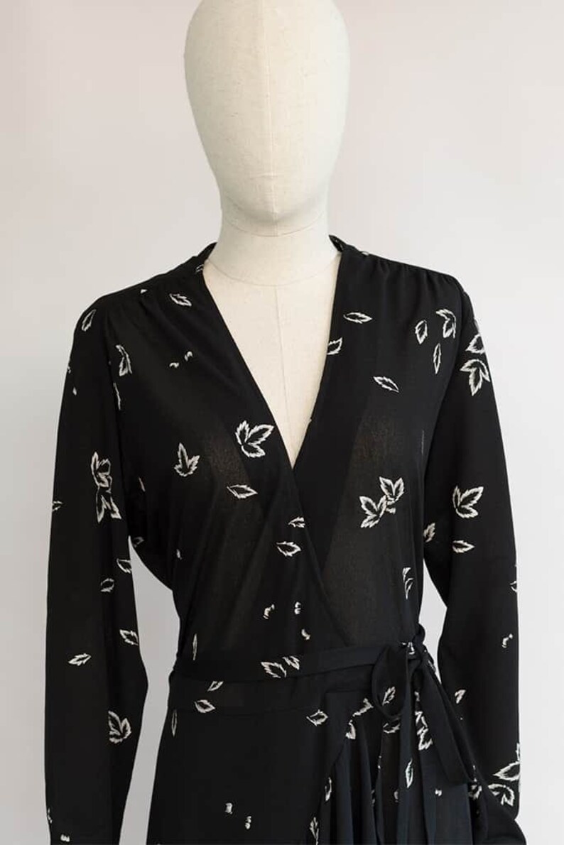 Vintage 80s Dress With Leaf Print Black Wrap Dress Arce Dress