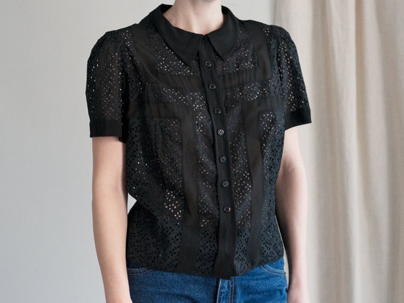 1940s Blouse | Eyelet Blouse | Sheer Black Blouse