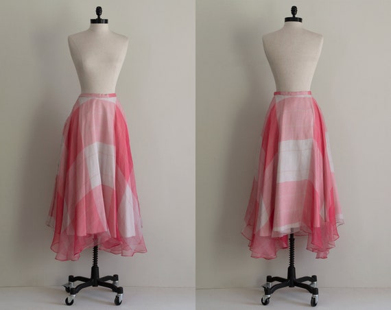 Vintage 70s Skirt | Pink Plaid Skirt | Chiffon Max