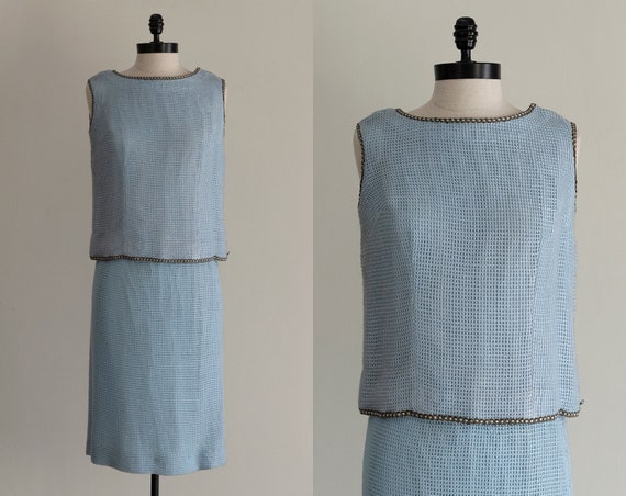 1960s Skirt Suit | Light Blue Waffle Weave Matchin