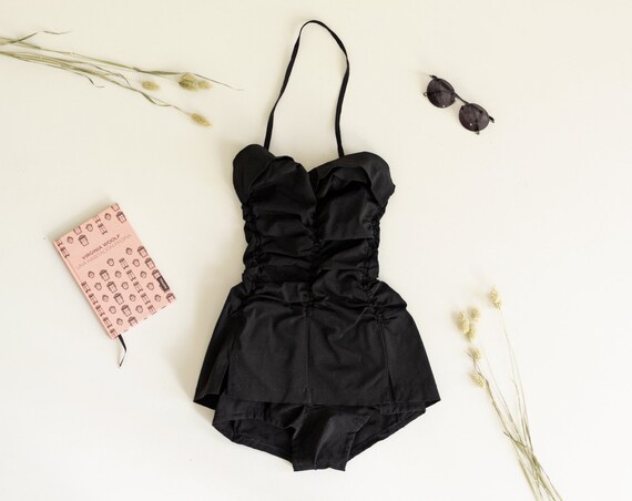 Vintage 40s Swimsuit | Black Bathing Suit | Skirte