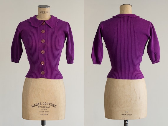 1940s Wool Sweater | Purple Sweater | Ribbed Knit