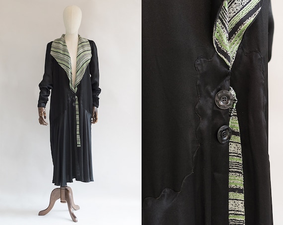 Striped Print 1930s House Coat | Black Satin Robe