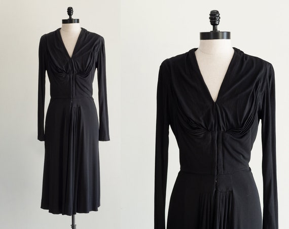 V Neck 1940s Dress | Black Jersey Dress | V Neck D