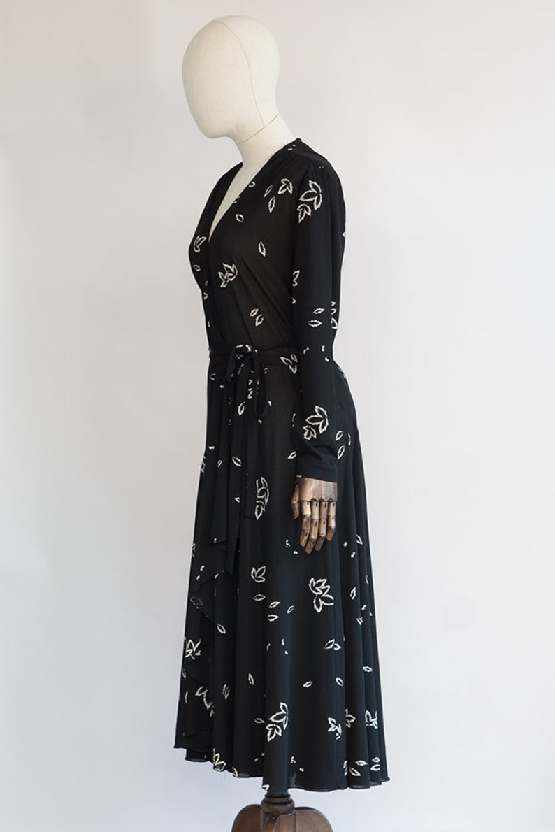 Vintage 80s Dress With Leaf Print Black Wrap Dress Arce Dress